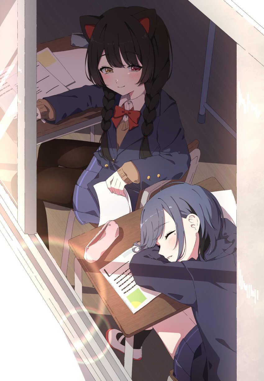 2girls absurdres akashi_(4kc_27) animal_ears black_hair black_pantyhose blue_jacket blue_skirt blush bow bowtie braid brown_hair brown_sweater cat_ears cat_girl collared_shirt desk hair_over_shoulder heterochromia highres indoors inui_toko jacket koshimizu_toru lens_flare long_bangs long_hair low_twin_braids mole mole_under_eye morning multiple_girls nijisanji on_desk open_window pantyhose papers parted_lips pencil_case pleated_skirt profile red_bow red_bowtie red_eyes school school_desk school_uniform shirt skirt sleeping sweater teeth twin_braids v-neck virtual_youtuber white_shirt window wooden_floor yellow_eyes