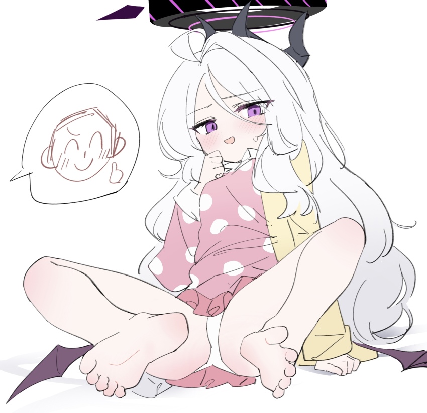 1girl absurdres ahoge barefoot black_halo blue_archive breasts demon_girl demon_horns demon_wings doodle_sensei_(blue_archive) halo highres hina_(blue_archive) hina_(pajamas)_(blue_archive) horns jacket loli long_hair looking_at_viewer meng_yin_(1527812425) pajamas panties pink_pajamas polka_dot polka_dot_pajamas sensei_(blue_archive) simple_background small_breasts toes underwear white_background white_hair white_panties wings yellow_jacket