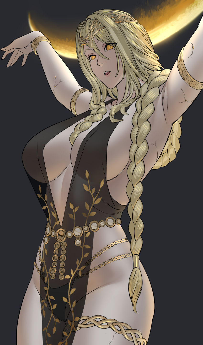 1girl armlet armpits arms_up bare_shoulders belly_chain black_dress blonde_hair bracelet braid breasts center_opening cleavage collarbone cowboy_shot dress elden_ring gold_tiara hair_between_eyes hair_over_shoulder highres jewelry large_breasts long_hair looking_at_viewer open_mouth pelvic_curtain queen_marika_the_eternal single_braid solo thighlet uukkaa very_long_hair