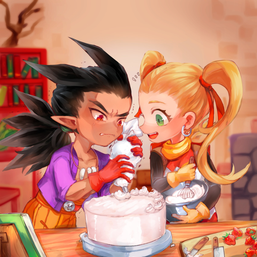 1boy 1girl :d artist_collaboration backpack bag baking batter belt black_hair black_shirt blonde_hair blurry blurry_background book bookshelf cake clenched_teeth collarbone dark-skinned_male dark_skin dragon_quest dragon_quest_builders_2 dress earrings female_builder_(dqb2) food fruit gloves green_eyes hair_horns hair_pulled_back hair_ribbon high-waist_pants highres holding holding_pastry_bag holding_whisk hoop_earrings hotaro_(bread_fusa) icing indoors jewelry kitchen kitchen_knife km_navi knife looking_at_food looking_to_the_side low_ponytail mixing mixing_bowl neckerchief necklace open_book open_clothes open_mouth open_shirt orange_pants pants pastry_bag pointy_ears ponytail profile purple_shirt red_belt red_dress red_eyes red_gloves red_ribbon ribbon shirt shirt_under_dress sidoh_(dqb2) skull_belt smile spiked_hair strawberry sweatdrop teeth tooth_necklace trembling twintails two-tone_dress upper_body whisk white_dress yellow_gloves yellow_neckerchief