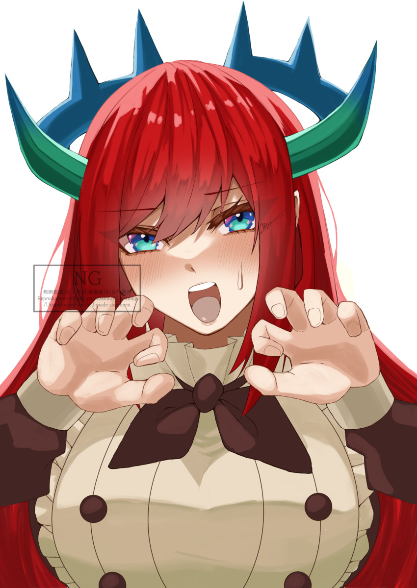 1girl absurdres blue_hair blush breasts brown_dress claw_pose dragon_girl dress duel_monster highres horns kitchen_dragonmaid large_breasts long_hair maid mogu1000 red_eyes simple_background solo upper_body white_background white_dress yu-gi-oh!