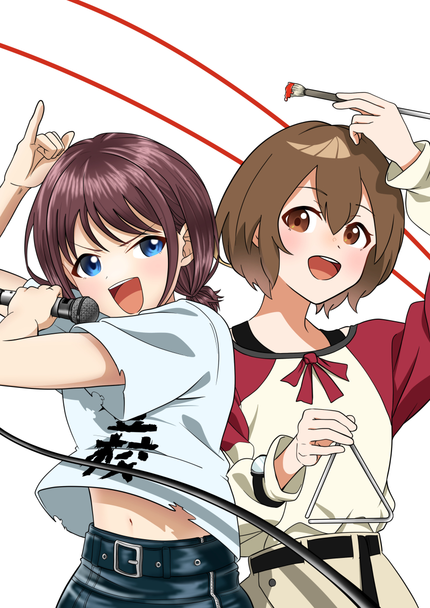 2girls absurdres arm_up belt belt_buckle black_belt blue_eyes blue_skirt blush brown_eyes brown_hair buckle clothes_writing commentary girls_band_cry highres hikakisyo holding holding_microphone holding_paintbrush instrument iseri_nina kouzuki_mahiru long_hair low_twintails microphone midriff multiple_girls navel open_mouth paintbrush pinky_out season_connection shirt shirt_tucked_in short_hair short_sleeves short_twintails skirt teeth triangle_(instrument) twintails upper_teeth_only watch white_background white_shirt wristwatch yoru_no_kurage_wa_oyogenai