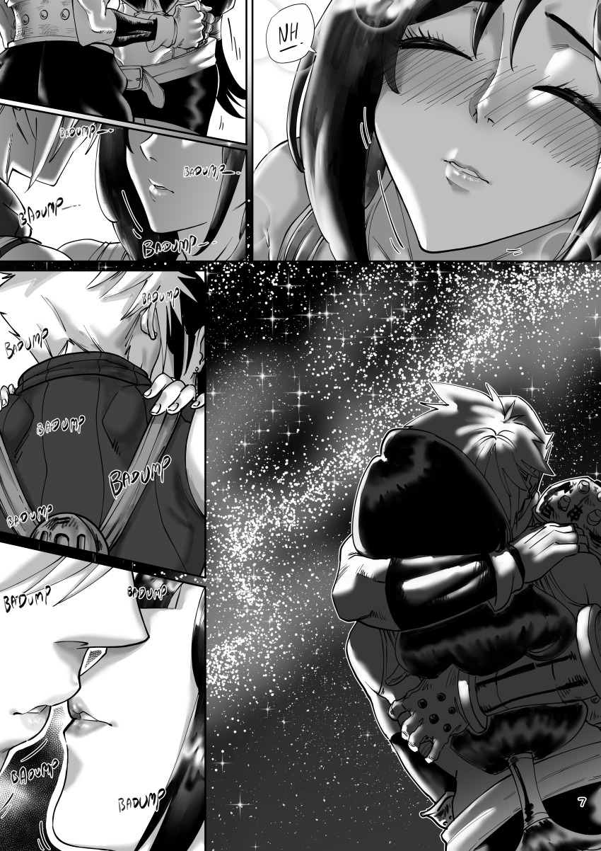 1boy 1girl aarokira absurdres blush closed_eyes cloud_strife english_text final_fantasy final_fantasy_vii heartbeat hetero highres hug imminent_kiss monochrome night night_sky non-web_source sky sound_effects tifa_lockhart