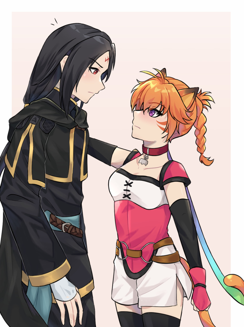 1boy 1girl animal_ears cat_ears cat_tail collar facepaint fire_emblem fire_emblem:_path_of_radiance fire_emblem:_radiant_dawn highres kabedon lyre_(fire_emblem) nintendo purple_eyes red_eyes soren_(fire_emblem) tail witchi witchiarts