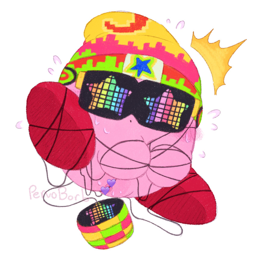 1girl ^^^ bdsm beanie bondage bound censored clumsy copy_ability female_focus flying_sweatdrops genderswap hat heart heart_censor kirby kirby_(series) kirby_fighters_2 knit_hat mons_pubis multicolored_hat nintendo no_humans official_alternate_costume own_hands_together parted_lips pervoborb pointless_censoring pussy pussy_juice self_bondage simple_background solo star_(symbol) string sunglasses surprised sweat sweatdrop white_background yo-yo