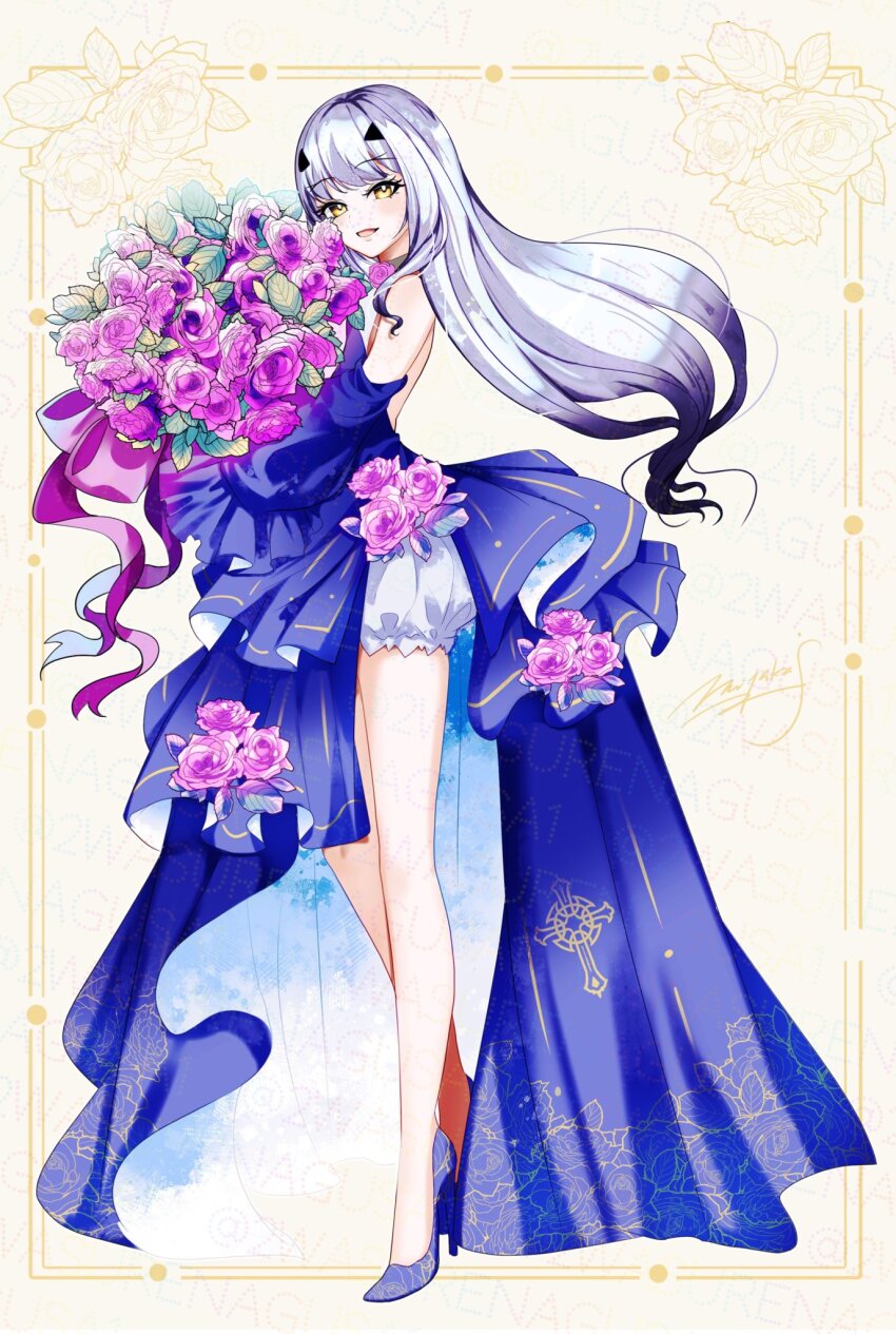 1girl bare_legs bloomers blue_dress bouquet dress fate/grand_order fate_(series) floral_background flower from_side full_body high_heels highres holding holding_bouquet long_hair looking_at_viewer melusine_(fate) miyaka_(58305841) open_mouth purple_flower signature solo standing underwear very_long_hair watermark white_bloomers white_hair yellow_eyes
