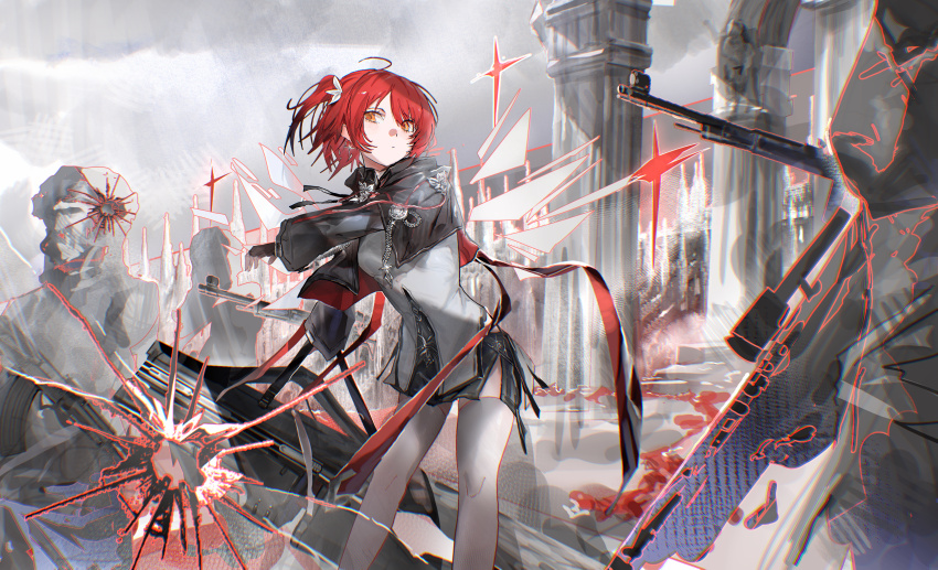1girl absurdres angel angel_wings arknights black_gloves exusiai_(arknights) exusiai_the_new_covenant_(arknights) fingerless_gloves gloves halo highres looking_at_viewer medium_hair milbi official_alternate_costume official_alternate_hairstyle red_hair solo thighhighs thighs white_thighhighs wings