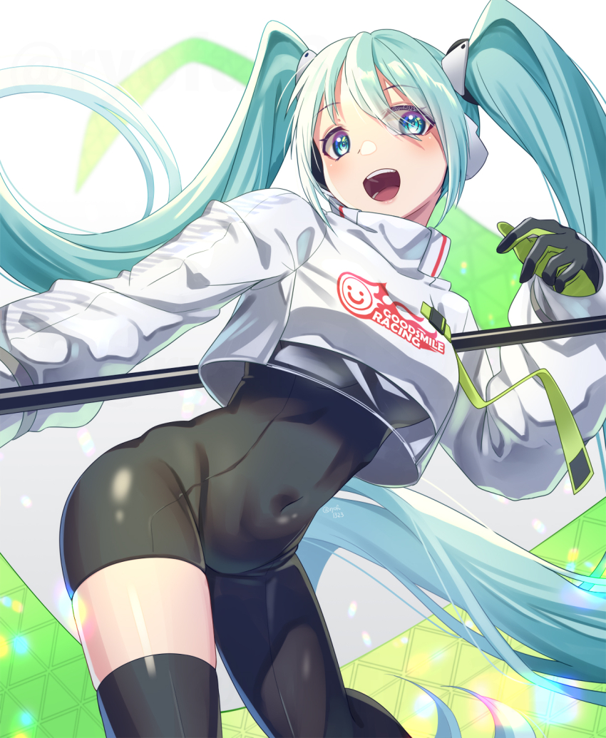 1girl :d aqua_eyes aqua_hair asymmetrical_bodysuit black_bodysuit black_gloves black_shoes bodysuit boots commentary_request covered_navel cropped_jacket gloves goodsmile_racing gradient_background green_gloves hatsune_miku highres jacket long_hair long_sleeves miku_day open_mouth race_queen racing_miku racing_miku_(2022) ryofuhiko shoes single_thigh_boot smile solo teeth thigh_boots tongue two-tone_gloves very_long_hair vocaloid white_jacket