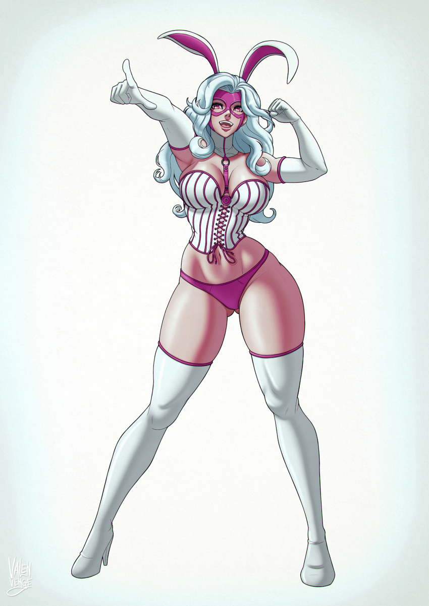 1girl animal_ears batman_(series) boots bow bowtie breasts cleavage clenched_hand corset curly_hair curvy dc_comics domino_mask elbow_gloves fake_animal_ears gloves high_heel_boots high_heels highres large_breasts long_hair looking_at_viewer mask narrow_waist open_mouth panties parted_lips pink_bow pink_bowtie pink_eyes pointing pointing_at_viewer purple_bow purple_bowtie purple_panties rabbit_ears rabbit_girl simple_background smile thigh_boots thong underwear valenvenge white_background white_gloves white_hair white_rabbit_(dc) wide_hips