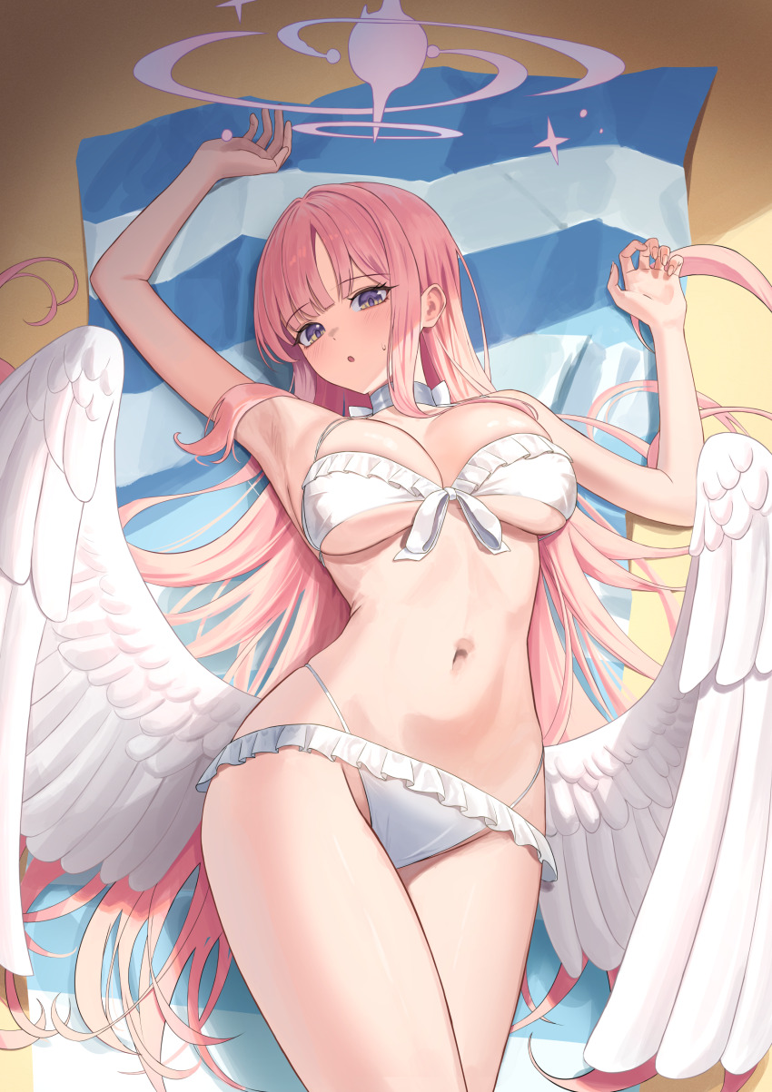 1girl absurdres angel_wings arm_up armpits beach beach_towel bikini blue_archive blush breasts choker cleavage closed_mouth collarbone commentary_request doggo34476335 feathered_wings halo highres large_breasts long_hair looking_at_viewer low_wings lying mika_(blue_archive) mika_(swimsuit)_(blue_archive) official_alternate_costume official_alternate_hairstyle pink_hair pink_halo purple_eyes smile solo swimsuit towel very_long_hair white_bikini white_choker white_wings wing_ornament wings