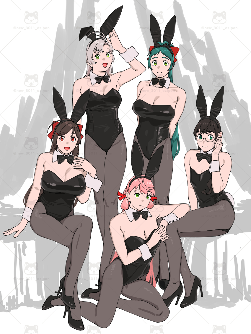5girls :d absurdres akashi_(kancolle) animal_ears bare_shoulders black_footwear black_hair black_leotard breasts brown_hair cleavage collarbone detached_collar fake_animal_ears fake_tail glasses green_eyes green_hair grey_hair high_heels highres irako_(kancolle) kantai_collection kinugasa_(kancolle) large_breasts leotard long_hair looking_at_viewer mamiya_(kancolle) medium_breasts multiple_girls ojipon ooyodo_(kancolle) open_mouth pantyhose pink_hair playboy_bunny ponytail rabbit_ears rabbit_tail red_eyes small_breasts smile straight_hair strapless strapless_leotard tail watermark watermark_grid wrist_cuffs