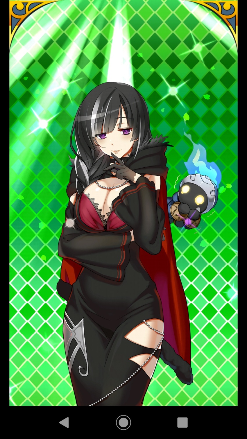 1girl black_dress black_gloves black_hair bra braid breasts cleavage dress eryutono_(uchihime) finger_to_mouth gloves grey_hair highres jewelry multicolored_hair necklace pomme_(uchihime) purple_eyes red_bra single_braid uchi_no_hime-sama_ga_ichiban_kawaii underwear wide_sleeves