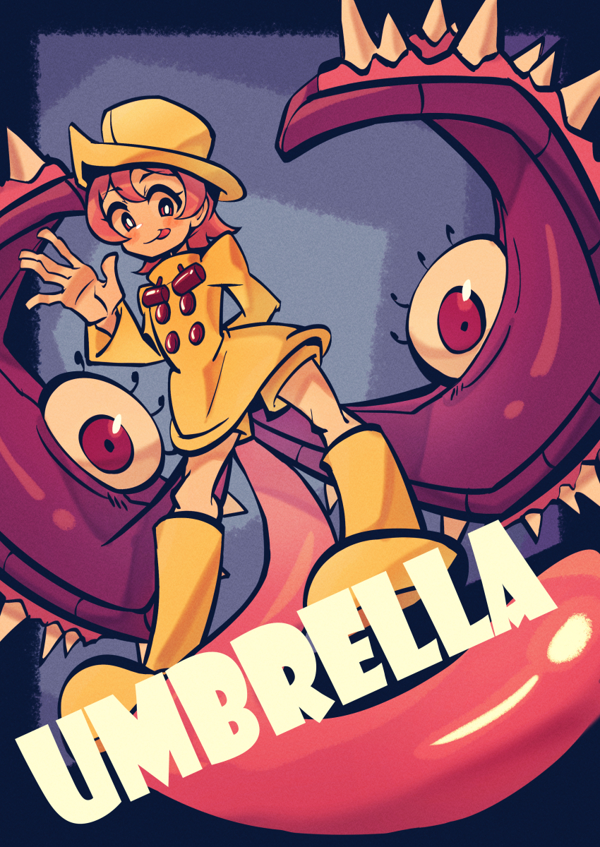 1girl absurdres blue_background boots character_name hat highres hungern_(skullgirls) looking_at_viewer onozawa_(buresu21) pink_eyes pink_hair raincoat shorts skullgirls solo tongue tongue_out umbrella_(skullgirls) waving