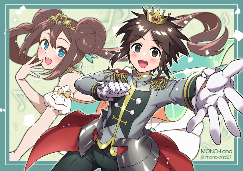 1boy 1girl artist_name blue_eyes brown_eyes brown_hair crown double_bun epaulettes gloves hair_bun highres looking_at_viewer mono_land musical_note nate_(champion)_(pokemon) nate_(pokemon) nintendo official_alternate_costume outstretched_arm pokemon pokemon_masters_ex rosa_(champion)_(pokemon) rosa_(pokemon) smile sparkle white_gloves