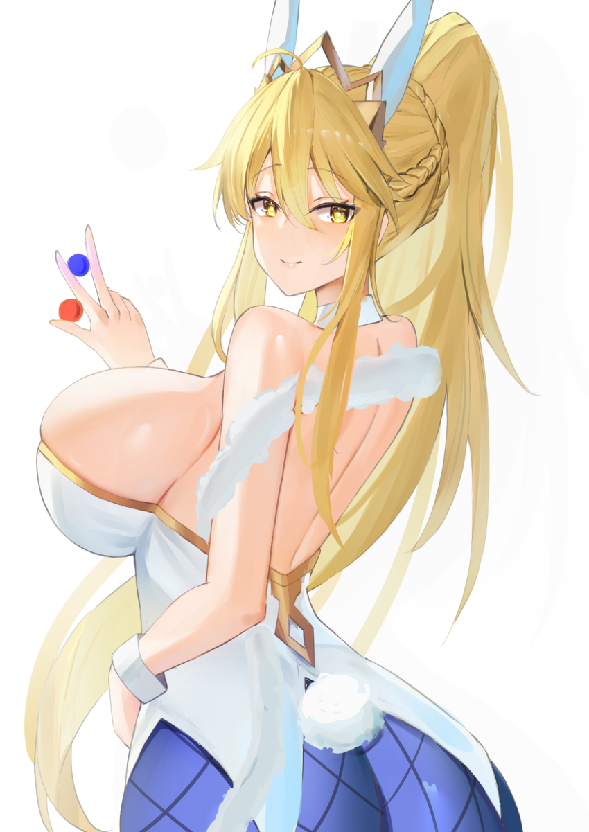 1girl alternate_eye_color animal_ears artoria_pendragon_(fate) artoria_pendragon_(lancer)_(fate) artoria_pendragon_(swimsuit_ruler)_(fate) ass backless_leotard blonde_hair blue_pantyhose braid breasts cleavage closed_mouth cowboy_shot detached_collar fake_animal_ears fake_tail fate/grand_order fate_(series) fishnet_pantyhose fishnets fur_trim gold_tiara high_ponytail highres large_breasts leotard long_bangs looking_at_viewer pantyhose playboy_bunny ponytail rabbit_ears rabbit_tail renzero_(user_vmsj8444) smile solo standing strapless strapless_leotard tail white_background white_leotard wrist_cuffs yellow_eyes
