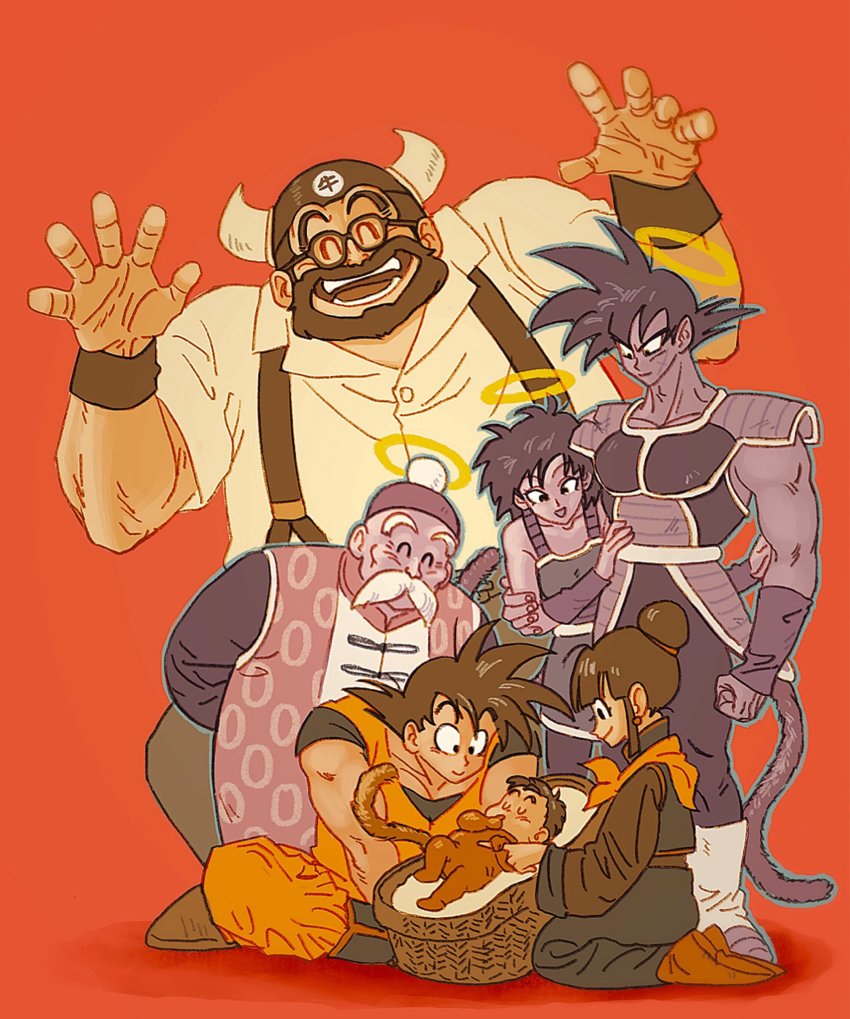 2girls 5boys 6rocoli ^_^ aged_down armor arms_behind_back baby bardock basket beard black_hair boots broken_armor chi-chi_(dragon_ball) chinese_clothes closed_eyes commentary_request couple crossed_legs dougi dragon_ball dragon_ball_(classic) dragon_ball_super dragon_ball_super_broly dragonball_z earrings facial_hair family father_and_daughter father_and_son full_body gine glasses grandfather_and_grandson grandpa_gohan gyuu_mao halo hands_up happy hat height_difference hetero highres horns jewelry kneeling long_sleeves looking_at_another looking_down mother_and_son multiple_boys multiple_girls mustache profile red_background seiza shadow short_hair simple_background sitting sleeping smile son_gohan son_goku standing suspenders tail teeth wide_sleeves