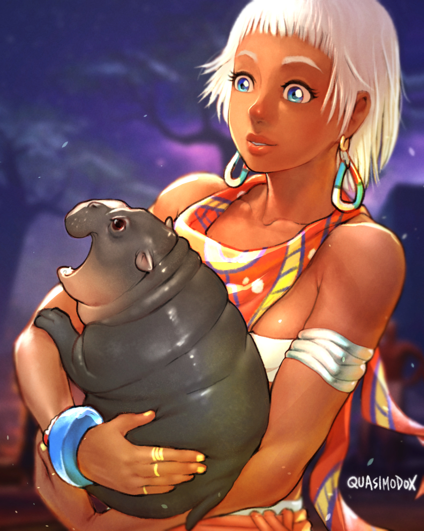 1girl animal artist_name bare_shoulders blue_eyes bracelet commentary dark-skinned_female dark_skin earrings elena_(street_fighter) english_commentary grin highres hippopotamus holding holding_animal jewelry looking_at_animal moo_deng quasimodox real_life short_bangs short_hair smile solo street_fighter street_fighter_6 white_hair yellow_nails
