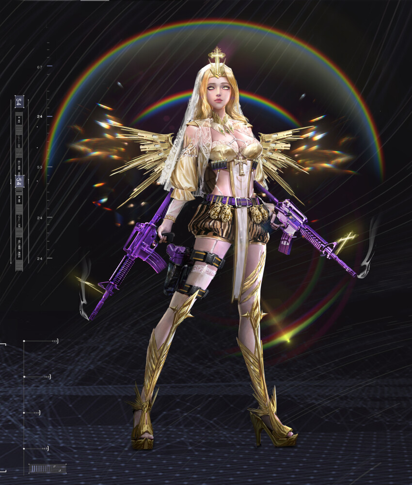 1girl absurdres angel_wings armor armored_boots assault_rifle belt belt_buckle bikini black_background black_belt black_shorts blonde_hair boots breasts buckle circlet cleavage closed_mouth collar commentary criss-cross_halter detached_collar detached_sleeves dual_wielding english_commentary expressionless eyeshadow feathered_wings frilled_sleeves frills full_body gao_sheng glowing glowing_eyes gold_armor gold_necklace grey_eyeshadow gun halterneck height_chart highleg highleg_bikini highres holding holding_gun holding_weapon jewelry knee_boots knee_pads lace lace-trimmed_bikini lace-trimmed_thighhighs lace_trim large_breasts lipstick long_hair looking_at_viewer m4_carbine magazine_(weapon) makeup midriff necklace original parted_bangs pink_lips puffy_short_sleeves puffy_shorts puffy_sleeves purple_belt rainbow realistic ribbed_thighhighs rifle short_sleeves shorts solo standing striped_belt swimsuit tabard thick_eyebrows thigh_belt thigh_strap thighhighs vest weapon white_collar white_eyes white_tabard white_thighhighs white_vest wings yellow_bikini yellow_boots yellow_sleeves yellow_wings