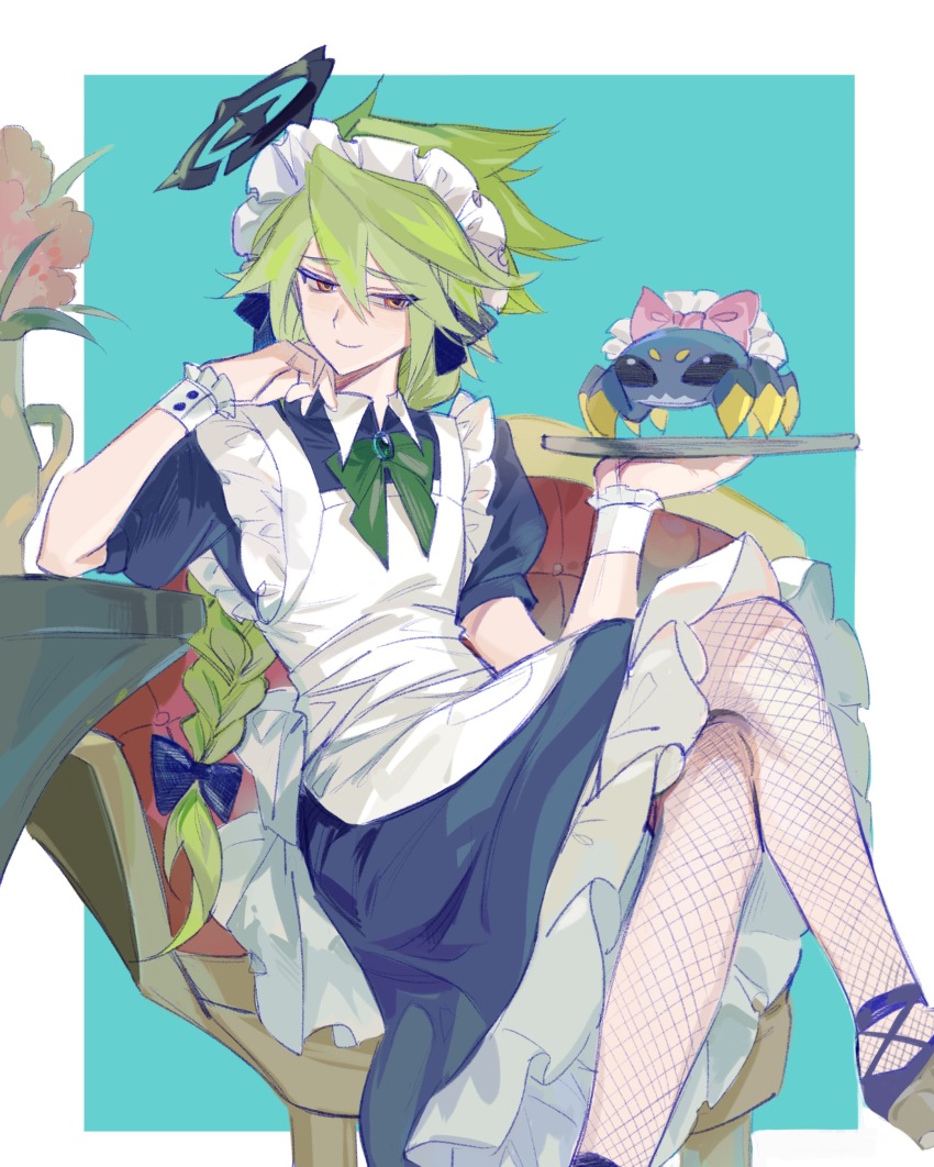 1boy absurdres alternate_costume alternate_hairstyle aotu_world apron black_dress black_shoes border bow bowtie braid bug chair chinese_commentary closed_mouth collared_dress creature crossdressing crossed_legs dress enmaided fishnet_pantyhose fishnets flower frilled_apron frilled_dress frills green_bow green_hair green_ribbon hair_between_eyes hair_bow half-closed_eyes halo hand_up head_rest highres holding holding_tray long_hair looking_at_viewer maid maid_apron maid_headdress male_focus neck_ribbon on_chair outside_border pantyhose pink_bow puffy_short_sleeves puffy_sleeves red_eyes ribbon shoes short_sleeves sidelocks single_braid sitting smile solo spider sukebegg table tray vase white_apron white_border wrist_cuffs xander_(aotu_world)