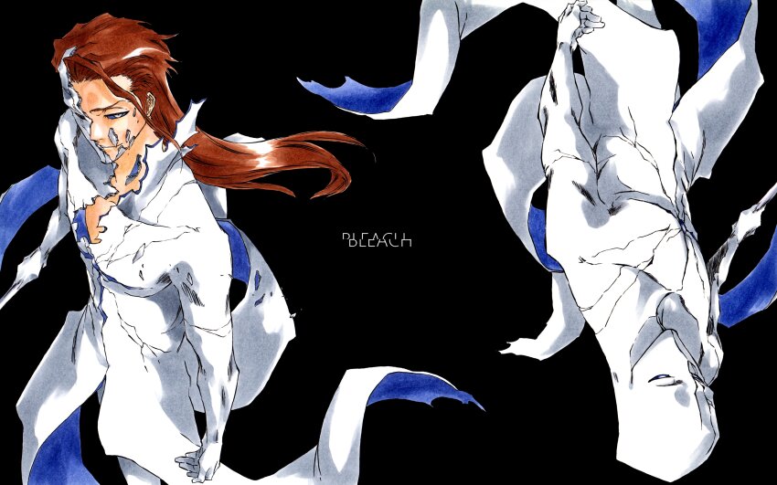absurdres aizen_sousuke black_background bleach bodysuit broken_mask brown_hair coattails colored_sclera copyright_name cracked_mask half_mask highres holding holding_weapon ken&#039;ichi_(ken1ro_u) light_smile long_hair looking_at_viewer mask mullet simple_background upside-down weapon white_eyes