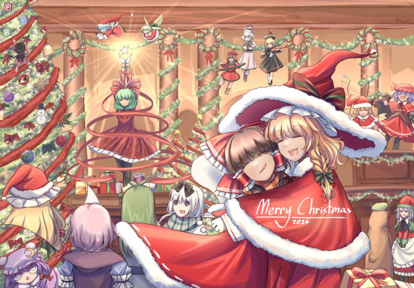 2024 6+girls alternate_costume alternate_headwear_color animal_costume apron ascot bat_wings bell blonde_hair blue_hair bomb_item_(touhou) bow bowl bowl_hat box braid brown_hair capelet christmas_tree cirno climbing_tree closed_eyes commentary crescent crescent_hat_ornament crystal crystal_wings daiyousei detached_wings dress english_commentary english_text eyeball fairy fairy_wings flandre_scarlet flying frilled_bow frilled_hair_tubes frills fur-trimmed_capelet fur-trimmed_headwear fur_trim gift gift_box gingerbread_man glowing green_bow green_hair green_hat green_scarf grey_hair hair_bow hair_tubes hakurei_reimu hat hat_bell hat_bow hat_ornament hat_ribbon highres holding holding_microphone hong_meiling hug ice ice_wings indoors instrument izayoi_sakuya kagiyama_hina keyboard_(instrument) kirisame_marisa kochiya_sanae komeiji_koishi komeiji_satori konpaku_youmu long_hair long_sleeves lunasa_prismriver lyrica_prismriver merlin_prismriver merry_christmas microphone mini_person minigirl mob_cap multiple_girls music open_mouth patchouli_knowledge pink_hair playing_instrument point_item_(touhou) power_item_(touhou) purple_hair red_ascot red_capelet red_dress red_ribbon reindeer_costume remilia_scarlet ribbon saigyouji_yuyuko santa_costume santa_dress santa_hat scarf seal_(animal) siblings side_braid singing single_braid sisters smile snowman star_(symbol) sukuna_shinmyoumaru there2007 touhou triangular_headpiece trumpet twin_braids violin waist_apron white_apron wings witch_hat wrist_cuffs yakumo_yukari yuri