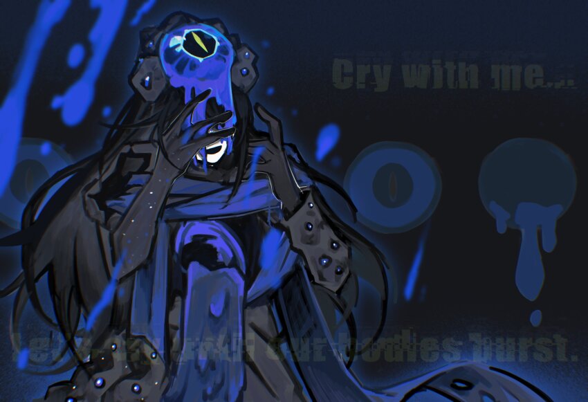 1boy absurdres armor black_armor black_gloves black_hair blubbering_toad_(project_moon) blue_scarf cavernous_wailing_(e.g.o) crying e.g.o_(project_moon) english_text gloves hands_up highres hong_lu_(project_moon) kalliope_orc limbus_company long_hair open_mouth project_moon scarf smile solo upper_body very_long_hair