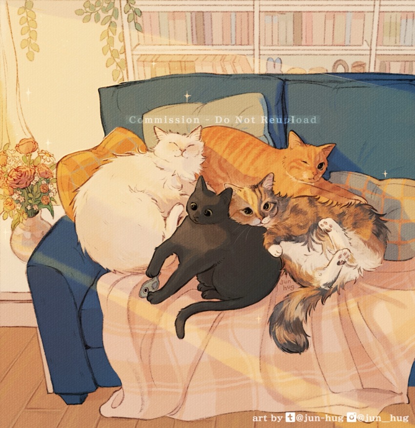 ^_^ animal animal_focus animal_hands artist_name black_cat black_eyes blanket bookshelf calico calico_cat cat closed_eyes closed_mouth commentary commission couch cushion day english_commentary flower highres instagram_logo instagram_username jun-hug living_room looking_at_viewer looking_down no_humans on_couch orange_cat original pink_flower pink_rose plaid_blanket rose slice_of_life stretching sunlight tumblr_logo tumblr_username vase white_cat