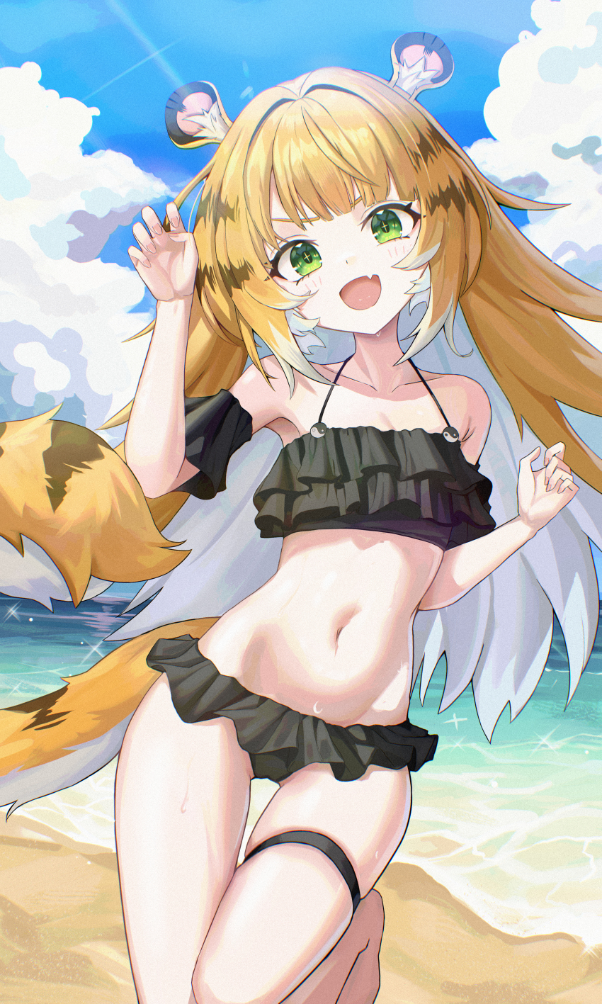 1girl absurdres animal_ears beach bikini black_bikini breasts commentary fang frilled_bikini frills green_eyes highres huge_filesize ju_fufu loli long_hair looking_at_viewer multicolored_hair navel open_mouth outdoors small_breasts solo sweat swimsuit tail thigh_gap thigh_strap tiger_ears tiger_girl tiger_tail very_long_hair zenless_zone_zero zzirit6