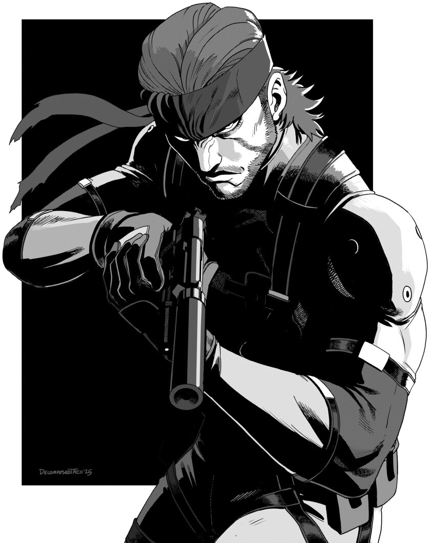 1boy absurdres artist_name bandana beard bodysuit decomposedtaco facial_hair gloves greyscale gun headband highres holding holding_gun holding_weapon male_focus metal_gear_(series) metal_gear_solid_2:_sons_of_liberty monochrome outside_border short_hair sneaking_suit solid_snake solo suppressor weapon