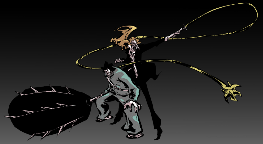 2boys absurdres aikawa_love bird_mask black_hair black_jacket black_pants bleach blue_jacket blue_pants commentary_request facing_viewer fighting_stance full_body grey_background hand_on_own_knee highres holding holding_weapon jacket ken_hollow kinshara_(shikai) leaning_forward long_hair long_sleeves mask multiple_boys oni_mask ootoribashi_roujuurou open_clothes open_jacket orange_hair outstretched_arm pants shirt short_hair simple_background spiked_hair standing tengumaru_(shikai) track_jacket weapon white_shirt