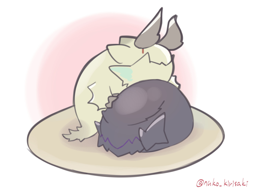 absurdres border commentary_request curled_up gore_magala highres horns kirisaki_nuko monster monster_focus monster_hunter_(series) no_humans pink_background shagaru_magala simple_background twitter_username white_border