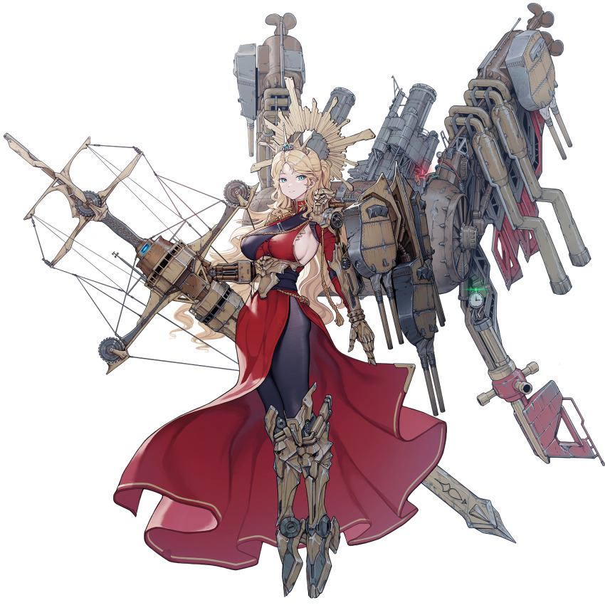 1girl aiguillette aqua_eyes armored_boots armored_gloves armpit_cutout artist_request black_pantyhose blonde_hair boots breasts clothing_cutout dress epaulettes full_body gold_halo gold_tiara highres iron_duke_(warship_girls_r) large_breasts lion long_hair looking_at_viewer official_art pantyhose pelvic_curtain ponytail red_dress rigging ship_turret sideboob single_epaulette smokestack solo transparent_background warship_girls_r