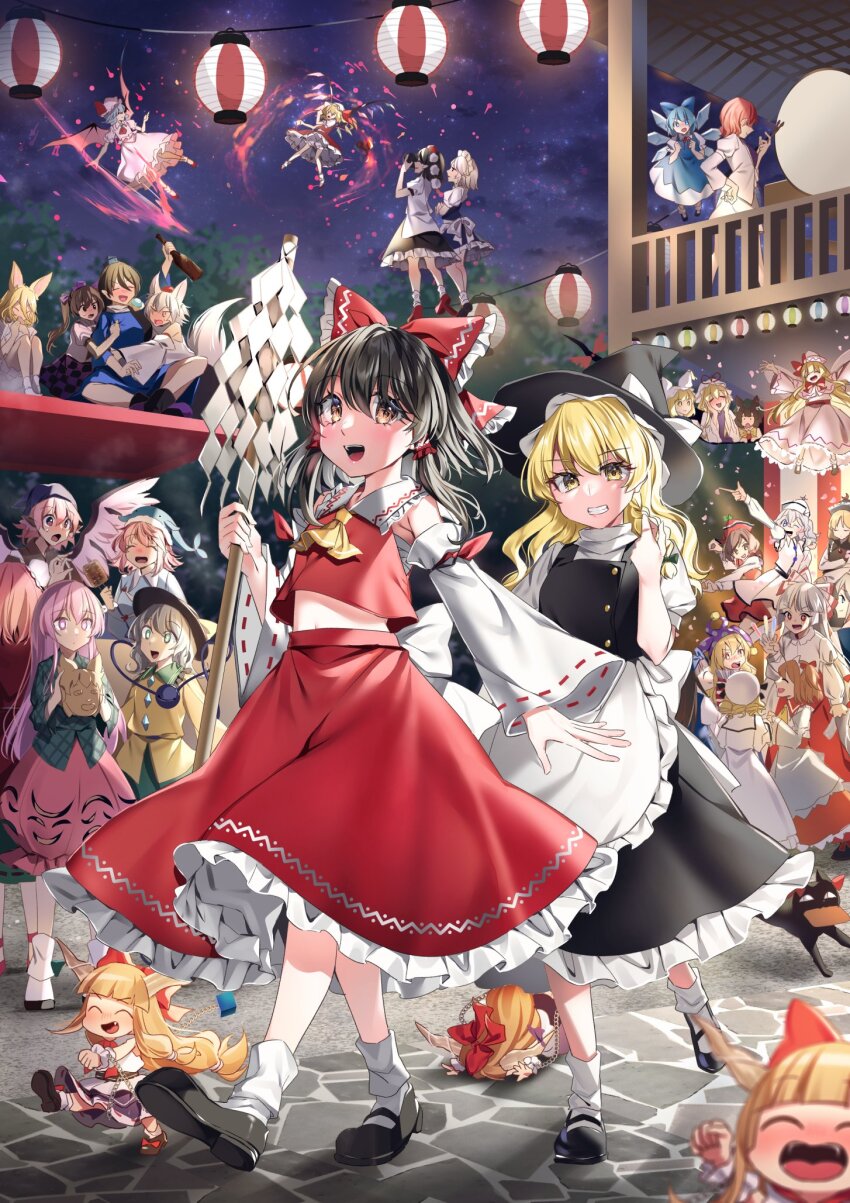 6+girls apron bat_wings black_hair black_skirt black_vest blonde_hair blue_eyes blue_hair bow brown_hair chen cirno closed_eyes clownpiece detached_sleeves dress flandre_scarlet fujiwara_no_mokou gap_(touhou) gohei hair_bow hakurei_reimu hat hata_no_kokoro highres himekaidou_hatate holding holding_gohei horikawa_raiko ibaraki_kasen ibuki_suika iizunamaru_megumu inubashiri_momiji izayoi_sakuya kaede_(mmkeyy) kaenbyou_rin kaenbyou_rin_(cat) kamishirasawa_keine kirisame_marisa komeiji_koishi kudamaki_tsukasa lily_white long_hair luna_child lunasa_prismriver lyrica_prismriver maid_headdress medium_hair merlin_prismriver mob_cap multiple_girls mystia_lorelei okunoda_miyoi pink_eyes pink_hair red_bow red_eyes red_hair red_shirt red_skirt remilia_scarlet shameimaru_aya shirt short_hair skirt star_sapphire sunny_milk third_eye tokin_hat touhou very_long_hair vest white_hair white_shirt wings witch_hat yakumo_ran yakumo_yukari yellow_eyes