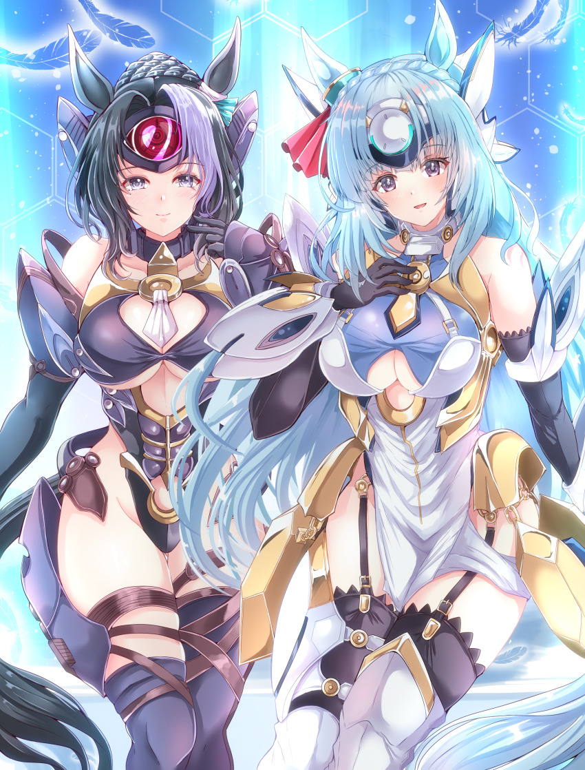 2girls absurdres animal_ears black_hair blue_hair braid braided_bun breasts commentary cosplay elbow_gloves garter_straps gloves hair_bun highres horse_ears horse_girl horse_tail kentan_(kingtaiki) kos-mos kos-mos_(cosplay) large_breasts leotard light_blue_hair long_hair mejiro_ardan_(umamusume) mejiro_ramonu_(umamusume) multiple_girls siblings sisters t-elos t-elos_(cosplay) tail thighhighs umamusume xenosaga