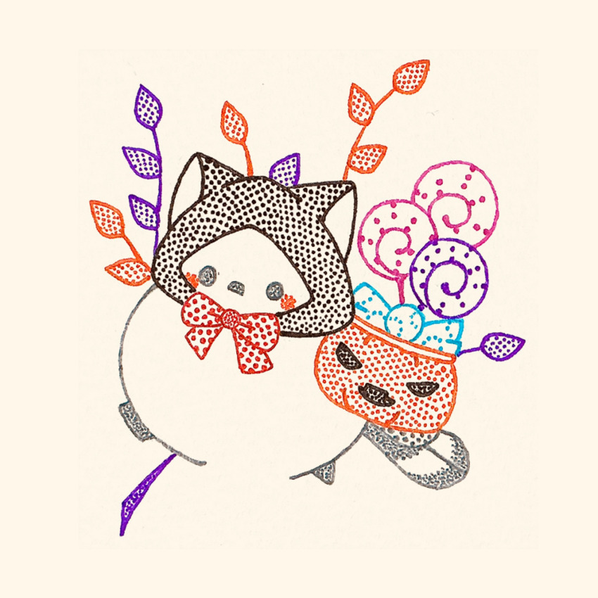 animal animal_ears animal_focus animal_hood bird bow bowtie candy cat_ears clothed_animal commentary_request food halloween halloween_bucket halloween_costume highres hood hood_up leaf long-tailed_tit looking_at_viewer no_humans original red_bow red_bowtie tit_(bird) traditional_media usagi_shigeko