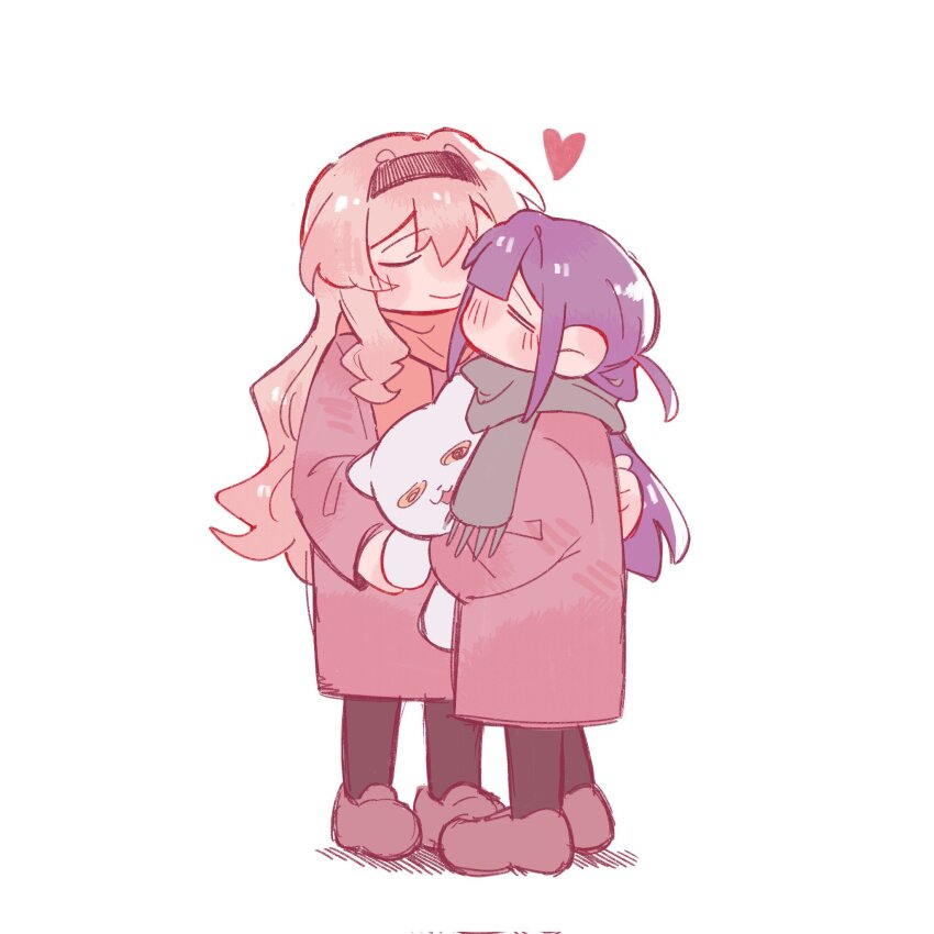 2girls =_= black_hairband black_pantyhose blonde_hair blunt_bangs blunt_ends blush brown_coat brown_shoes chinese_commentary closed_mouth coat commentary_request face-to-face facing_another full_body gift_art green_scarf hair_between_eyes hairband hand_on_another&#039;s_back hand_up heart highres holding holding_stuffed_toy long_hair long_sleeves matching_outfits multiple_girls no_mouth one_side_up orange_scarf pantyhose profile purple_hair rei931218 saijou_claudine scarf second-party_source shoes shoujo_kageki_revue_starlight sidelocks simple_background smile standing stuffed_animal stuffed_cat stuffed_toy tsuyuzaki_mahiru wavy_hair white_background winter_clothes yuri