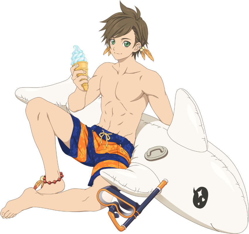1boy anklet artist_request barefoot bead_anklet beads blue_male_swimwear blue_swim_trunks brown_hair diving_mask drawstring earrings feather_earrings feathers feet fingernails floral_print food goggles green_eyes hibiscus_print highres ice_cream ice_cream_cone jewelry legs looking_at_viewer male_focus male_swimwear official_art orange_feathers orange_male_swimwear orange_swim_trunks print_male_swimwear print_swim_trunks print_swimsuit smile snorkel sorey_(sea_venturer)_(tales) sorey_(tales) striped_male_swimwear striped_swim_trunks stuffed_animal stuffed_toy swim_trunks swimsuit tales_of_(series) tales_of_asteria tales_of_zestiria toenails toes topless_male transparent_background