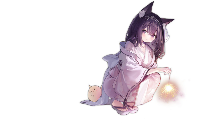 1girl alic_miao animal_ear_fluff animal_ears arashio_(azur_lane) arashio_(the_gentlest_firework)_(azur_lane) arashio_(the_gentlest_firework)_(azur_lane) azur_lane bird breasts cat_ears cat_girl chick closed_eyes fireworks flower fox_mask hydrangea japanese_clothes kimono long_hair looking_at_viewer manjuu_(azur_lane) mask mask_on_head official_alternate_costume official_art open_mouth purple_eyes purple_hair senkou_hanabi smile sparkler squatting transparent_background white_kimono yukata