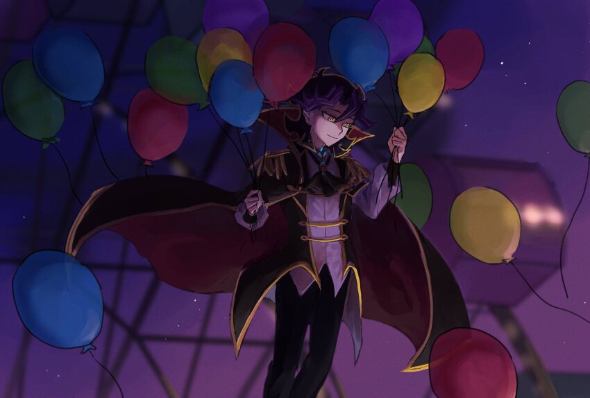 1boy ai_(yu-gi-oh!) alternate_form amusement_park android arms_up ascot balloon black_ascot black_cape black_coat black_hair black_pants black_wrist_cuffs blurry blurry_background building cape clenched_hands coat colored_bangs dress_shirt epaulettes evening facing_to_the_side ferris_wheel floating highres holding holding_balloon looking_down looking_to_the_side male_focus novale110 open_clothes open_coat outdoors outstretched_arms pants popped_collar purple_shirt purple_sky shirt sky untucked_shirt wind wrist_cuffs yellow_eyes yu-gi-oh! yu-gi-oh!_vrains