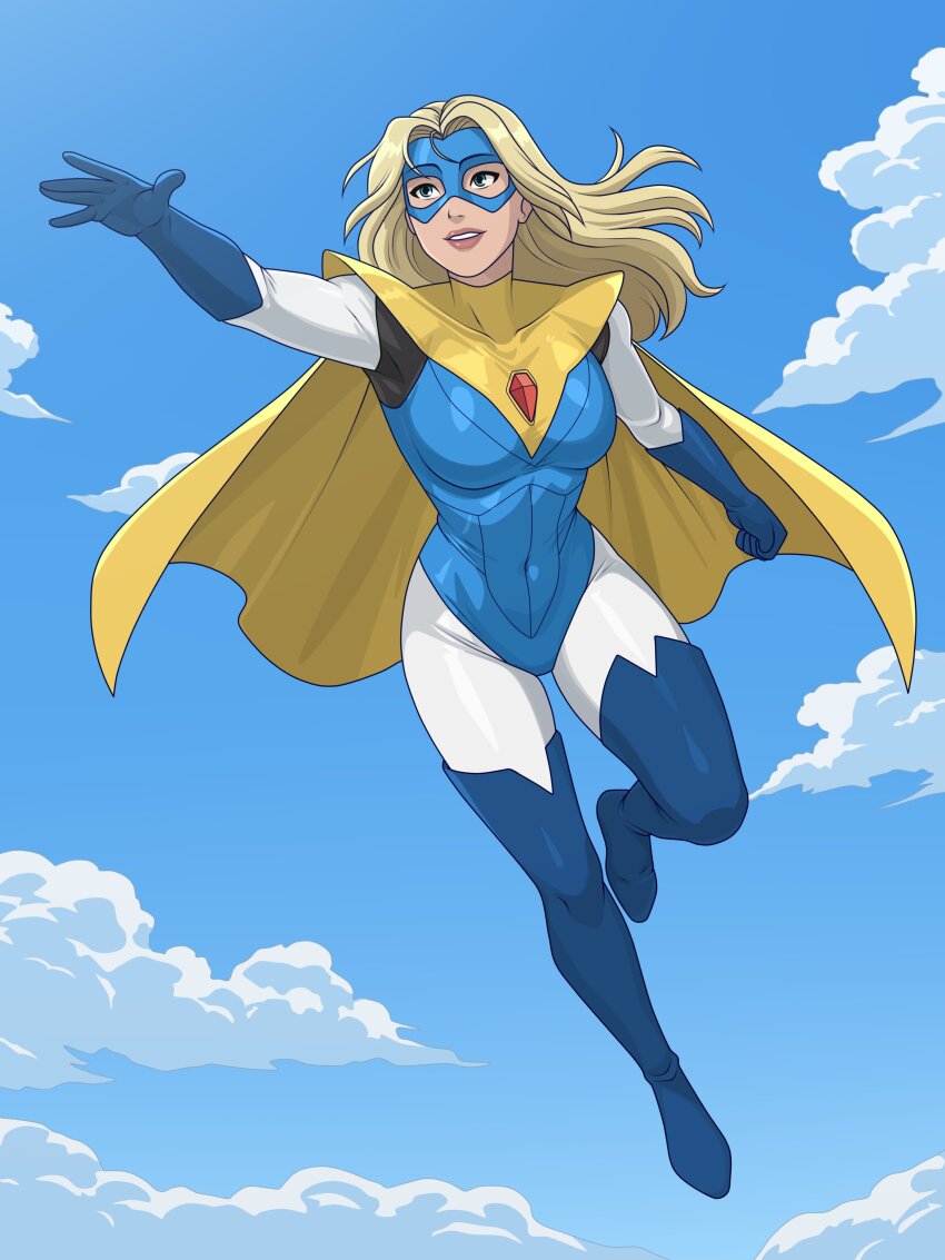 absurdres blonde_blazer blonde_hair blue_boots blue_eyes blue_gloves blue_leotard blue_mask bodysuit boots cape dispatch gloves highres kim_kai leotard short_cape superhero_costume thigh_boots video_game white_bodysuit yellow_cape