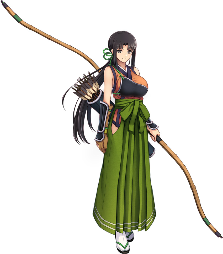 1girl arrow_(projectile) artist_request bad_source bare_arms bare_shoulders bow_(weapon) breasts brown_eyes brown_hair full_body game_cg green_skirt highres holding holding_bow_(weapon) holding_weapon kazuha_(sennen_sensou_aigis) large_breasts light_smile long_skirt muneate official_art quiver sandals sennen_sensou_aigis skirt solo third-party_source transparent_background weapon yumi_(bow)