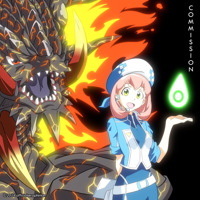 breasts cosplay crests_(digimon) digimon digimon_(creature) hat highres kurihara_hina officialseraphimon open_mouth pink_hair sharp_teeth smile teeth uniform volcanicdramon