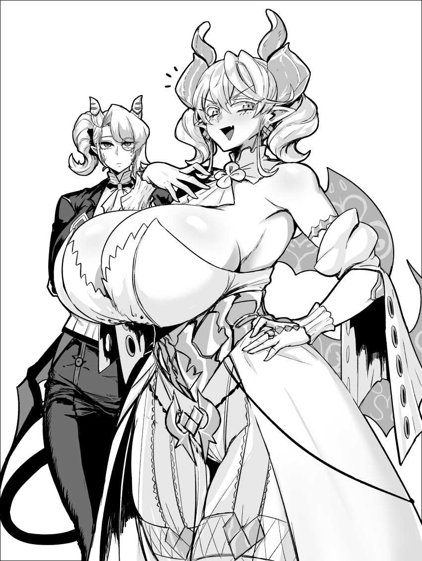 2girls absurdres arias_the_labrynth_butler breasts butler cleavage demon_girl demon_horns demon_tail demon_wings dress duel_monster exabyte_(parallax05) fang formal_clothes gloves highres horns huge_breasts laughing lovely_labrynth_of_the_silver_castle monochrome monocle multiple_girls pointy_ears simple_background suit tail white_background wings yu-gi-oh!