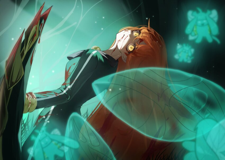 1girl aqua_wings bladed_tonfa bodysuit cowboy_shot e.g.o_(project_moon) fairy_festival fairy_wings flaqjtmfmf green_bodysuit highres ishmael_(project_moon) leaning_back limbus_company long_hair looking_at_viewer open_mouth orange_hair project_moon solo very_long_hair wingbeat_(e.g.o) wings yellow_eyes