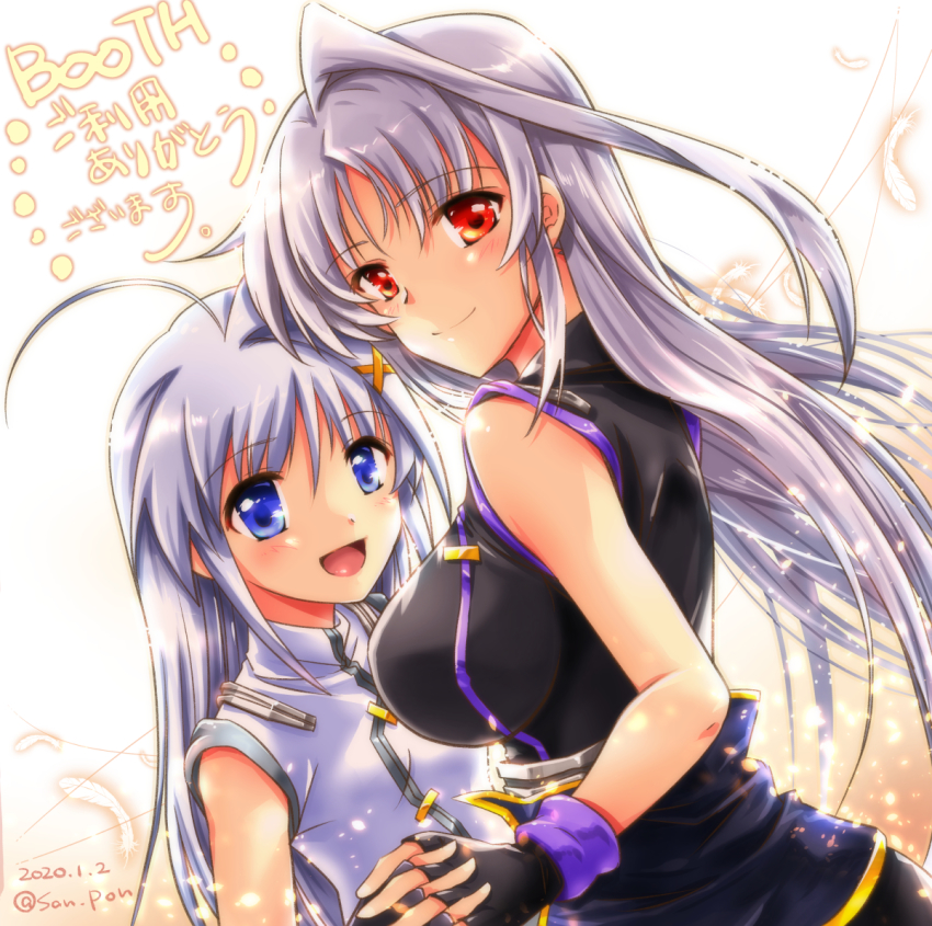 2girls ahoge black_dress black_gloves blue_eyes closed_mouth commentary_request dated dress dutch_angle feathers fingerless_gloves gloves hair_ornament holding_hands interlocked_fingers light_particles long_hair looking_at_viewer looking_back lyrical_nanoha multiple_girls open_mouth red_eyes reinforce reinforce_zwei san-pon siblings silver_hair single_hair_intake sisters sleeveless sleeveless_dress smile standing translated white_dress x_hair_ornament