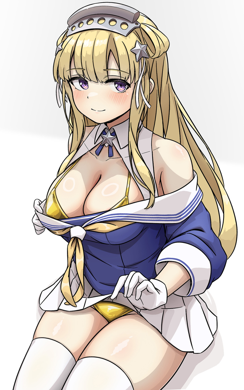 1girl arthur_ko bikini blonde_hair blue_eyes blue_shirt breasts cleavage clothes_lift clothes_pull double_bun fletcher_(kancolle) gloves gold_bikini hair_bun hair_ornament hairband highres kantai_collection large_breasts long_hair looking_at_viewer neckerchief off_shoulder sailor_collar school_uniform serafuku shiny_swimsuit shirt shirt_pull skirt skirt_lift smile solo star_(symbol) star_hair_ornament swimsuit white_sailor_collar yellow_neckerchief