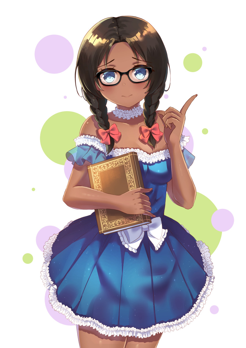 1girl absurdres bare_shoulders black-framed_eyewear black_hair blue_dress blue_eyes book braid breasts closed_mouth collarbone commission cowboy_shot dark-skinned_female dark_skin dress frilled_dress frills glasses hair_over_shoulder hand_up highres holding holding_book holmemee index_finger_raised long_hair looking_at_viewer low_twintails off-shoulder_dress off_shoulder original parted_bangs pixiv_commission pleated_dress revision see-through_clothes small_breasts solo twin_braids twintails white_background