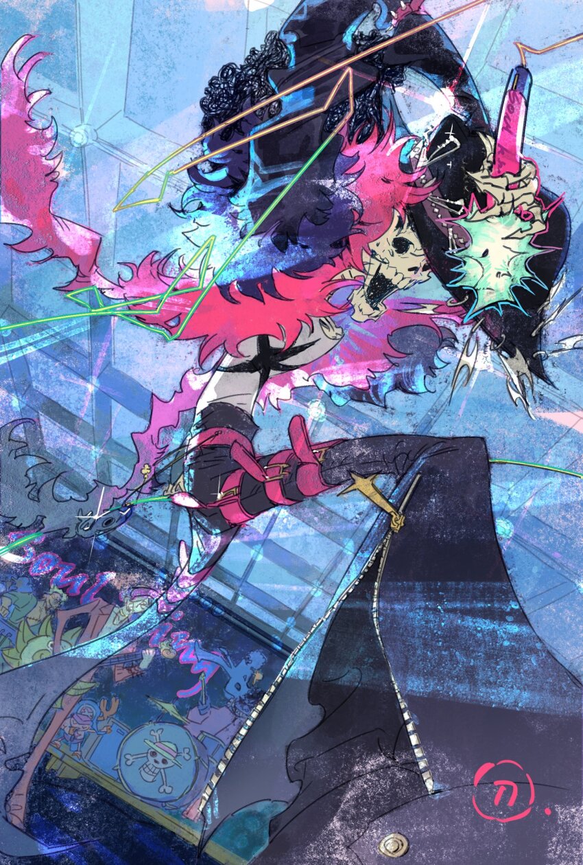 6+boys afro black_hair blue_theme brook_(one_piece) cross drum drum_set dutch_angle feather_boa green_hair green_kimono guitar hashtag-only_commentary hat highres holding holding_guitar holding_instrument holding_microphone holding_weapon hood instrument japanese_clothes jinbe_(one_piece) jolly_roger kimono long_nose male_focus microphone multiple_boys one_piece pants roronoa_zoro sanji_(one_piece) siyangou49 skeleton stitched_torso stitches straw_hats_jolly_roger thigh_strap tony_tony_chopper usopp weapon zipper