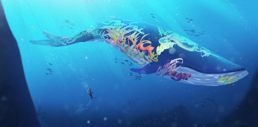 1other air_bubble animal_focus blue_theme blue_whale blurry bubble depth_of_field fish graffiti looking_at_animal original painterly school_of_fish scuba_gear scuba_tank size_difference subsurface_scattering swimming underwater whale zandra