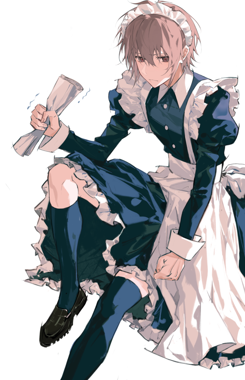 1boy absurdres annoyed apron asymmetrical_legwear black_dress black_shoes black_socks brown_eyes brown_hair buttons clenched_hand closed_mouth collar collared_dress crossdressing dress fingernails frilled_dress frills hair_between_eyes highres holding holding_paper juliet_sleeves kneehighs kusanagi_naoya loafers long_dress long_sleeves looking_at_viewer maid maid_apron maid_headdress male_focus male_maid paper puffy_sleeves sakura_no_toki sakura_no_uta shoes short_hair simple_background single_kneehigh single_sock single_thighhigh sitting sleeve_cuffs socks solo straight_hair thighhighs tuzaixia uneven_legwear waist_apron white_apron white_background white_collar white_headdress white_sleeve_cuffs